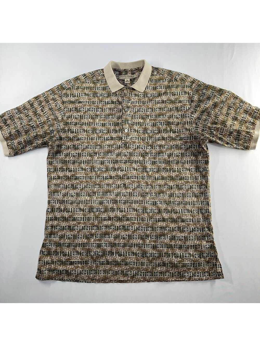 Tori Richard Shirt Polo Mens LG Brown Green Cotton Lawn Hawaiian Geometric Aztec